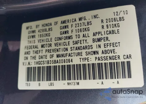 2011 Honda Accord 2.4 Lx-S z USA, uszkodzony, nr VIN 1HGCS1B35BA008064